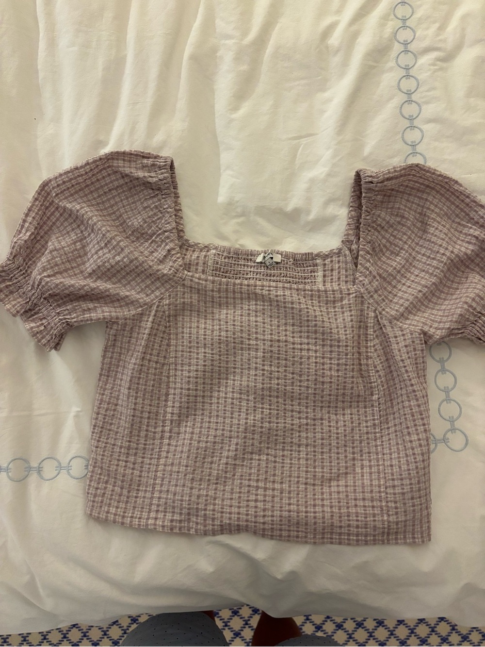 Madewell Smocked Square-Neck Puff Sleeve Top - Lavender Check